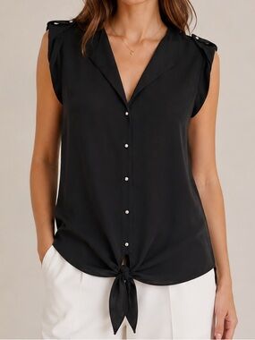 August Silk Black Sleeveless Tie-Front Blouse – Size Medium